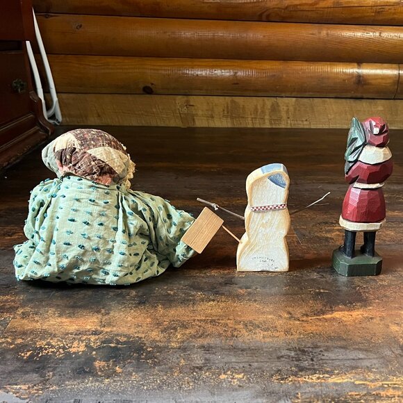Lot of 3 Handmade Christmas Primitives Raggedy Santa/Wooden Snowman/Wooden Santa - Picture 3 of 15